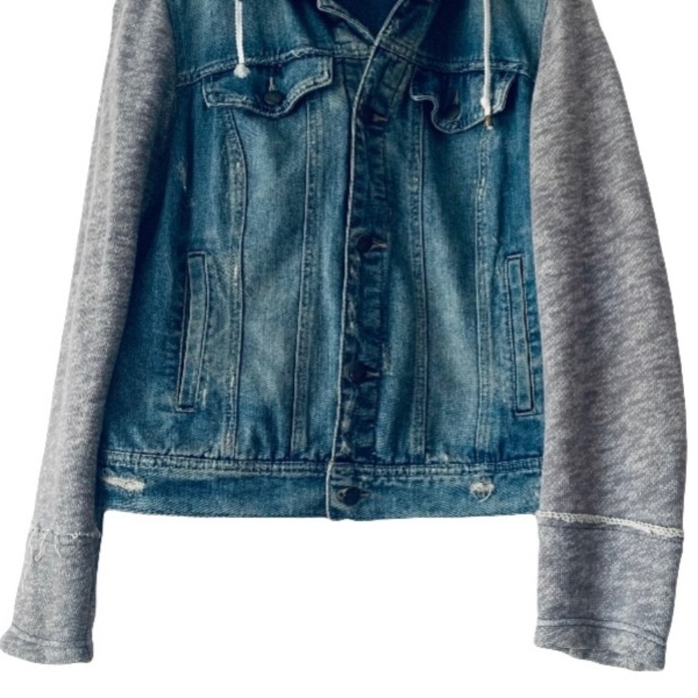 Free People Distressed Knit Hooded Jean Jacket Blue Gray Women’s L Y2k Grunge - Picture 6 of 10